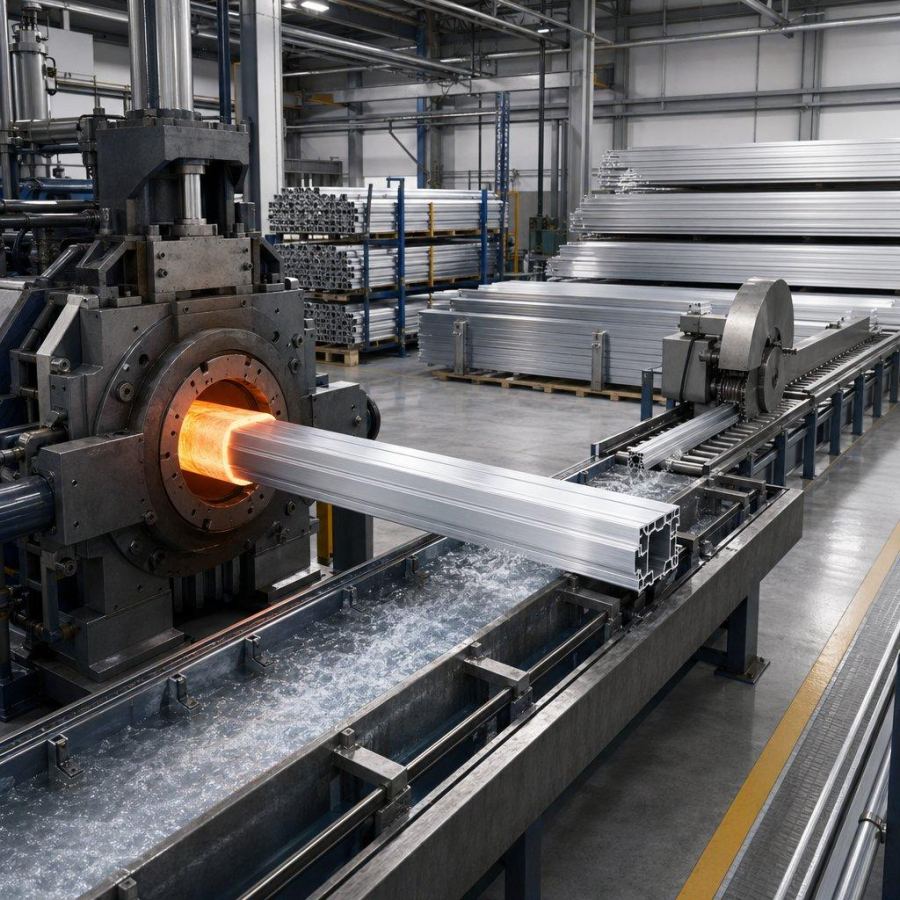 Illustration: extruded aluminium profile on the cooling run-out with a cut-off saw and stacked finished profiles
