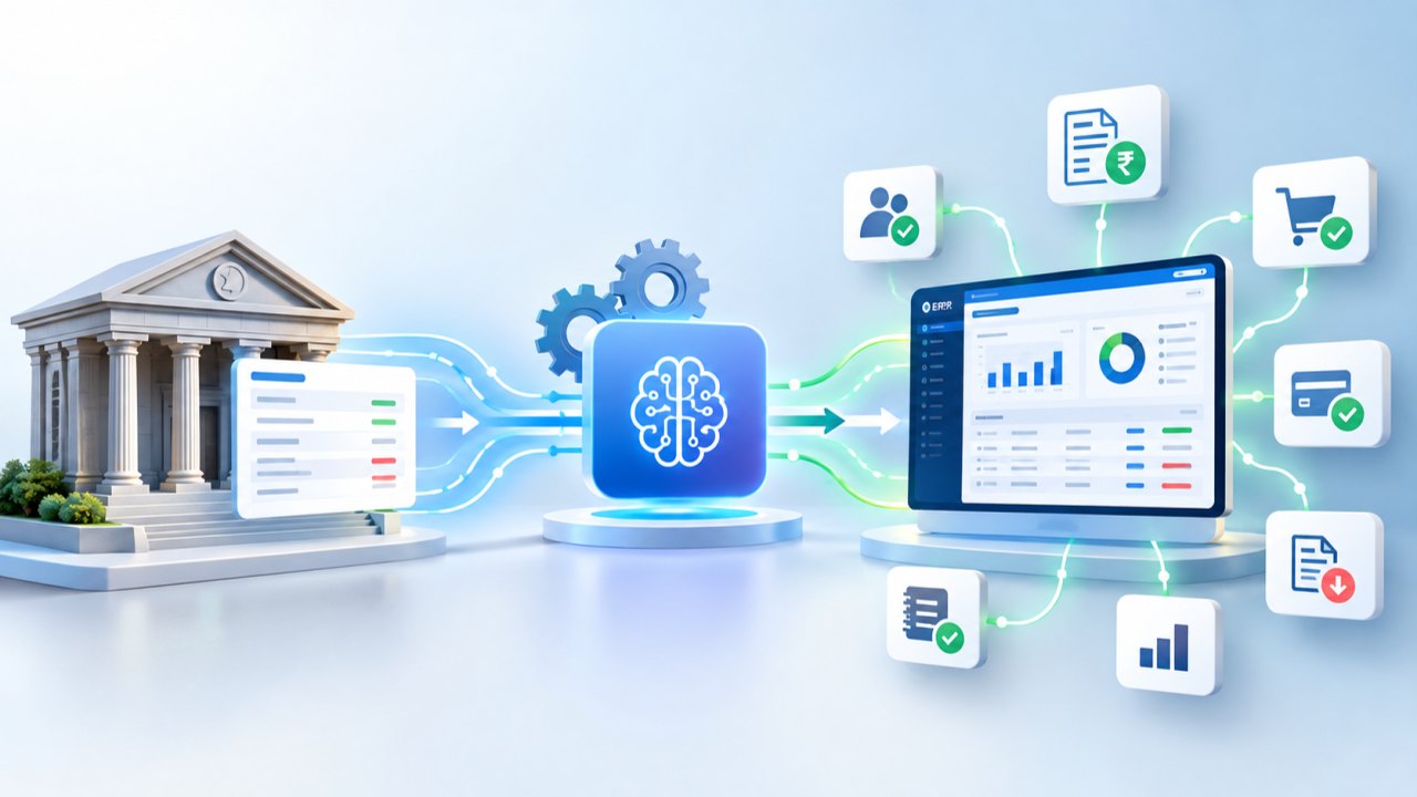 Illustration of a bank building sending statement data through an AI processing hub into an ERP dashboard linked to receipts, invoices, payments and reports