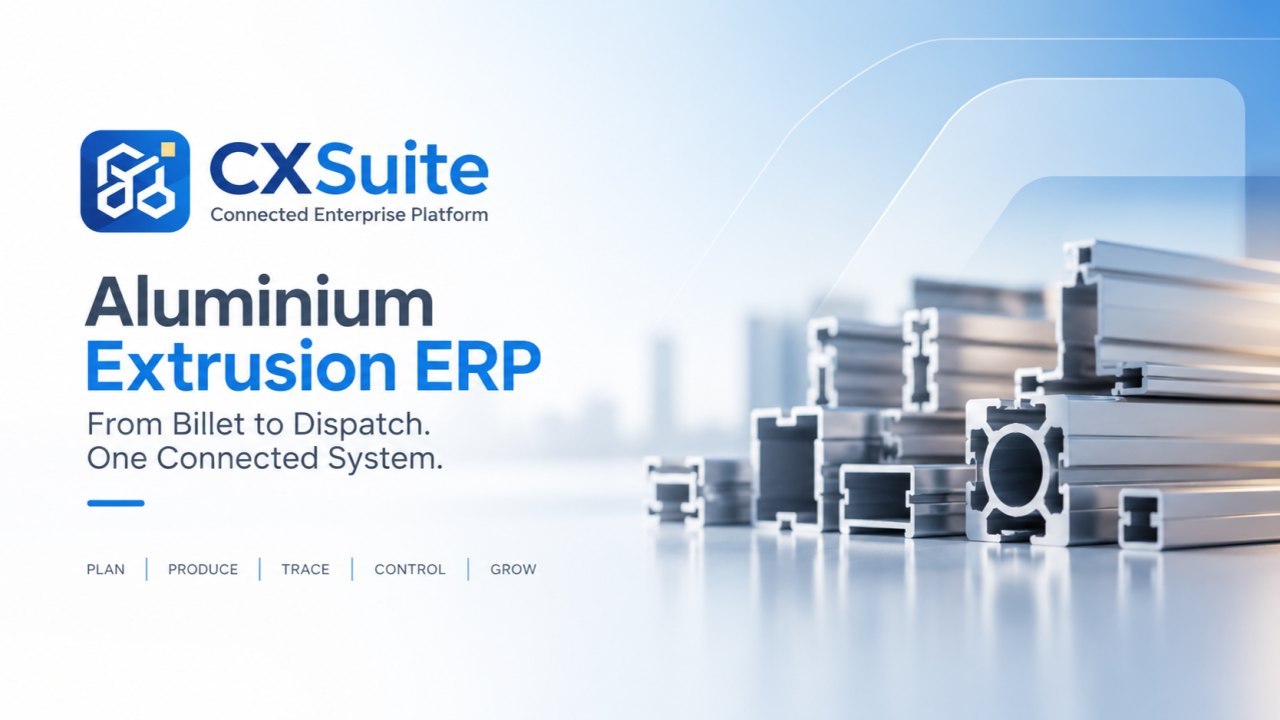 CXSuite Aluminium Extrusion ERP cover — “From Billet to Dispatch. One Connected System.” beside stacked aluminium extrusion profiles